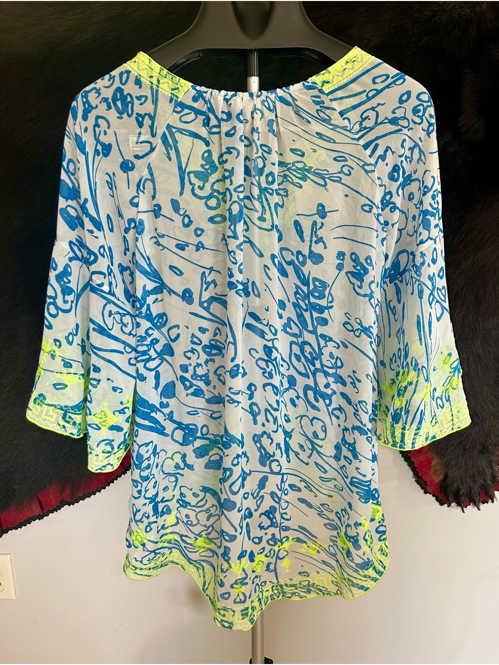Sundance Women’s Blue & Neon Yellow Beach Cover-Up Boho Tunic Sz M - Picture 2 of 6
